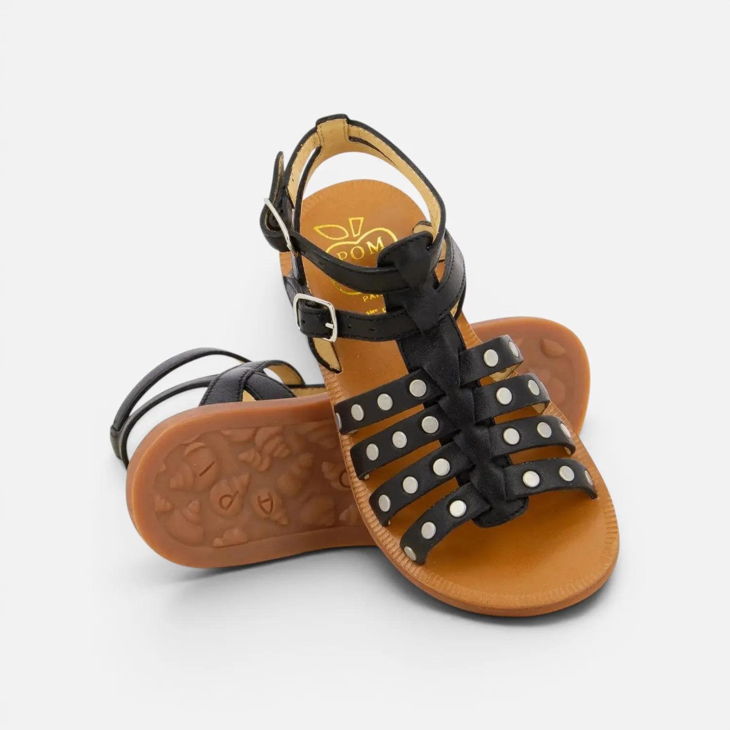 10is Plagette Stud sandale cuir noir boucle