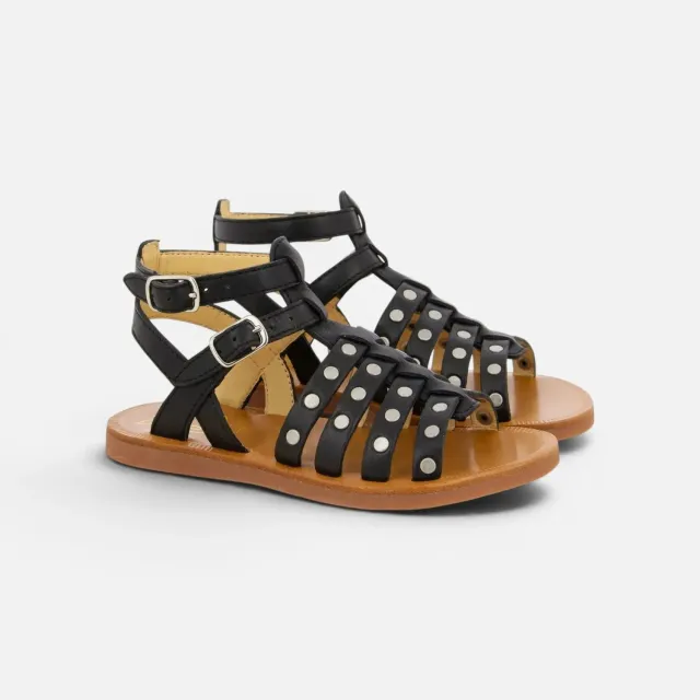10is Plagette Stud sandale cuir noir boucle